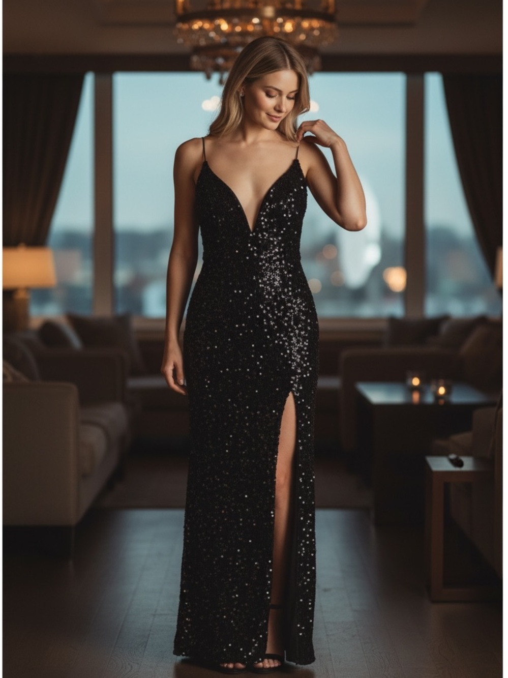 Lucy In The Sky black Sequin Maxi Dress small spaghetti strap evening prom slit